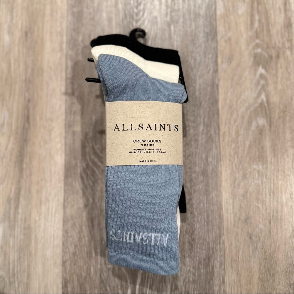 AllSaints Crew Socks 3 Pairs Womens Size 5-10 - Blue, Black, and White